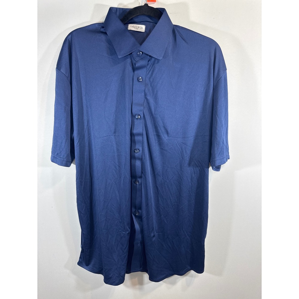 Collars & Co Mens Dress Collar Polo Shirt Navy Blue XL Short Sleeve Button Front